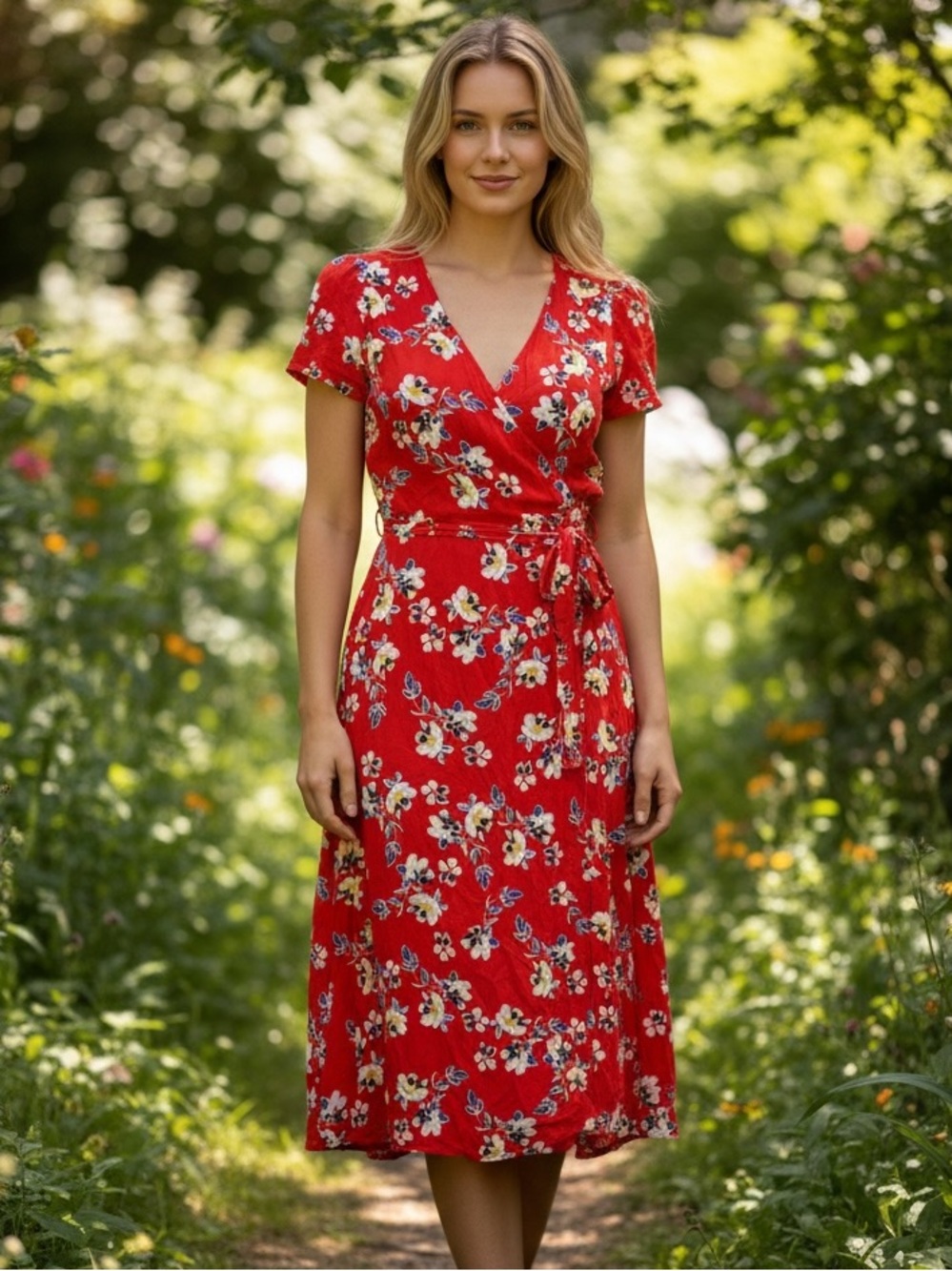 GAP red orange floral print wrap dress Size M